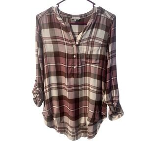 Lucky Brand Women's Plaid Tunic Shirt Button Front Roll Tab Sleeve XS